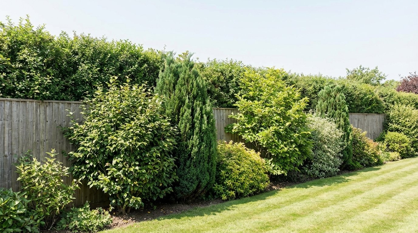Живопліт біля паркану вічнозелені та листяні рослини
