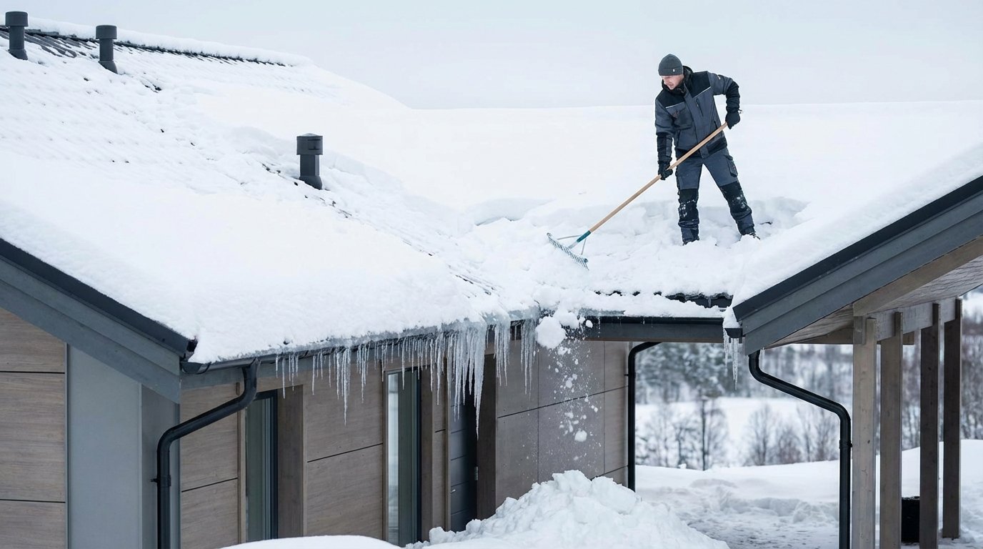 Сніг та лід на криші дома зимовий догляд за стріхою