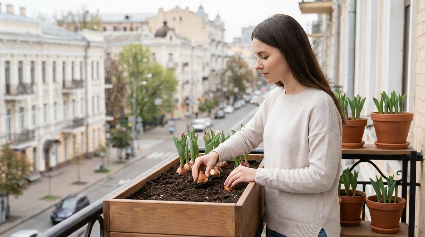 Вигонка тюльпанів у контейнерах у місті